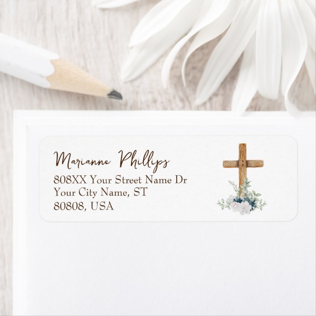 Wood Cross with Blue and White Flowers Label (Insitu)