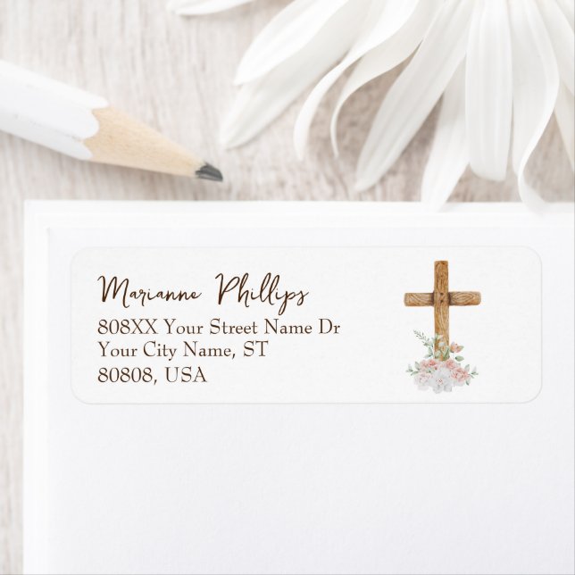 Wood Cross with Pink and White Flowers Label (Insitu)