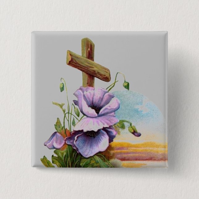 Wood Cross With Purple Flowers Pinback Button (Front)