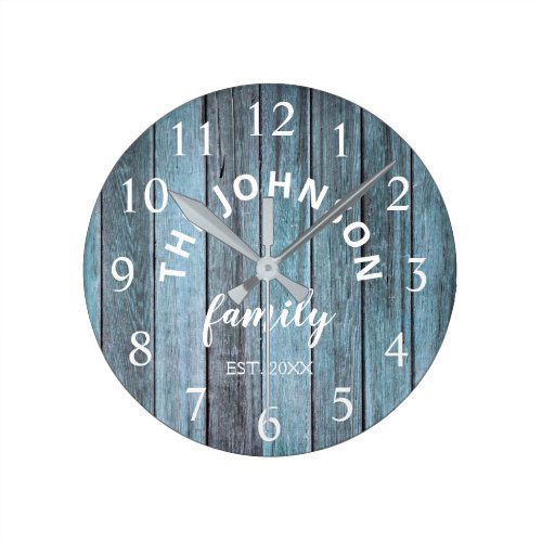 Wood Custom Family Name Rustic Beach House Round Clock
