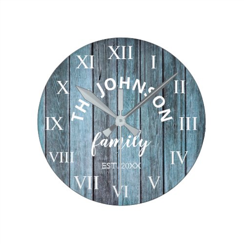 Wood Custom Family Name Rustic Beach Round Clock