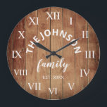 Wood Custom Family Name Rustic Farmhouse Large Clock<br><div class="desc">The brown wooden farm house style wall clock is perfect for your country farmhouse kitchen. Customize with your family name and established year for a unique and personalized birthday or Christmas gift.</div>