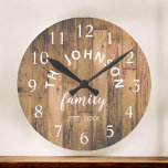 Wood Custom Family Name Rustic Farmhouse Large Clock<br><div class="desc">The brown wooden farm house style wall clock is perfect for your country farmhouse kitchen. Customize with your family name and established year for a unique and personalized birthday or Christmas gift.</div>