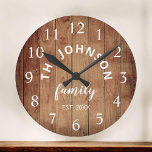 Wood Custom Family Name Rustic Farmhouse Large Clock<br><div class="desc">The brown wooden farm house style wall clock is perfect for your country farmhouse kitchen. Customize with your family name and established year for a unique and personalized birthday or Christmas gift.</div>