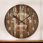 Wood Custom Family Name Rustic Farmhouse Large Clock<br><div class="desc">The brown wooden farm house style wall clock is perfect for your country farmhouse kitchen. Customize with your family name and established year for a unique and personalized birthday or Christmas gift.</div>