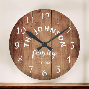 Wood Custom Family Name Rustic Farmhouse Round Clock
