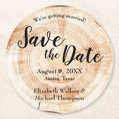 Wood Cut full Names Rustic Save the date Round Paper Coaster