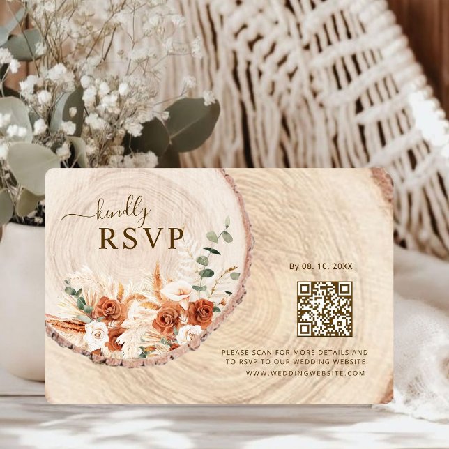 Wood Cut Grain QR Code Rustic Wedding RSVP Card (Creator Uploaded)