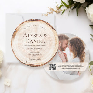 Wood Cut QR Code Custom Photo Rustic Wedding  Invitation