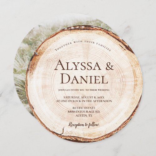 Wood Cut Slice Custom Photo Rustic Wedding  Invitation