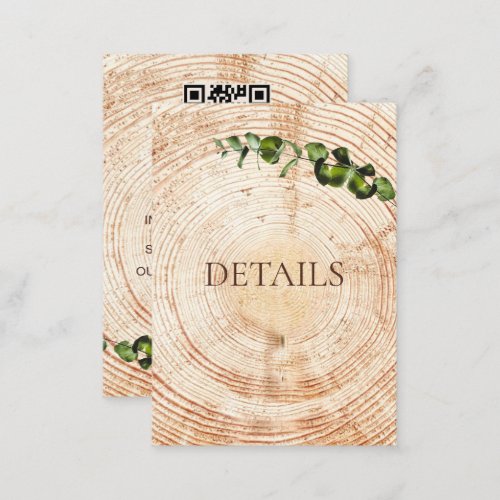 Wood Cut slice greenery Wedding Details QR code  Enclosure Card