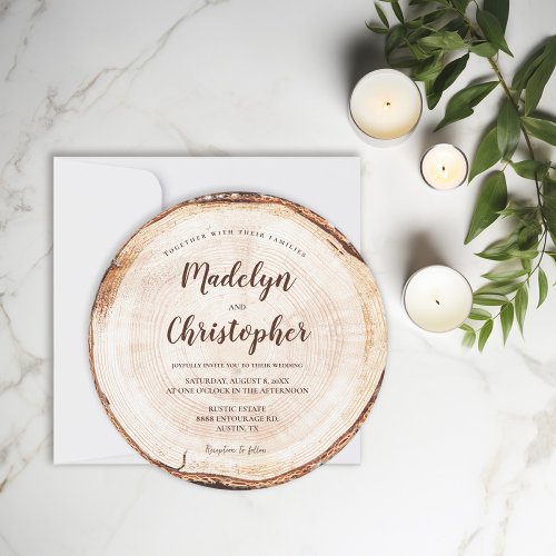 Wood Cut Slice Rustic Wedding Handlettering Script Invitation