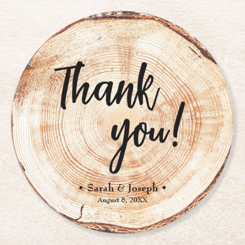 Wood cut  Wedding handlettering Thank You Favor Round Paper Coaster