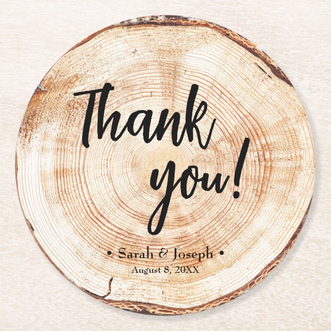 Wood cut  Wedding handlettering Thank You Favor Round Paper Coaster (Front)
