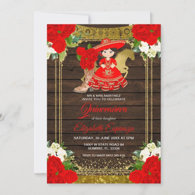 Wood Cute Red Rose Flowers Princess Quinceanera  Invitation (Front)