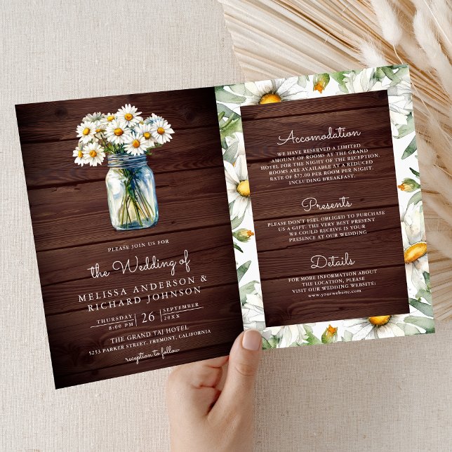 Wood Daisies Floral Mason Jar QR Code Wedding Invitation (Creator Uploaded)