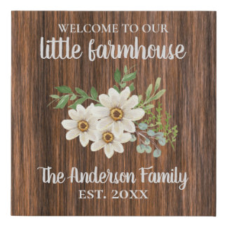 Wood Daisy Family Name Est. Farmhouse Welcome Faux Canvas Print