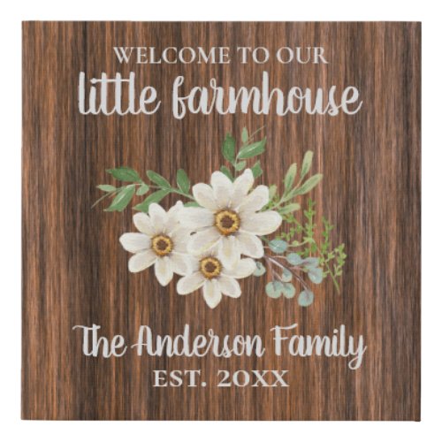 Wood Daisy Family Name Est Farmhouse Welcome Faux Canvas Print