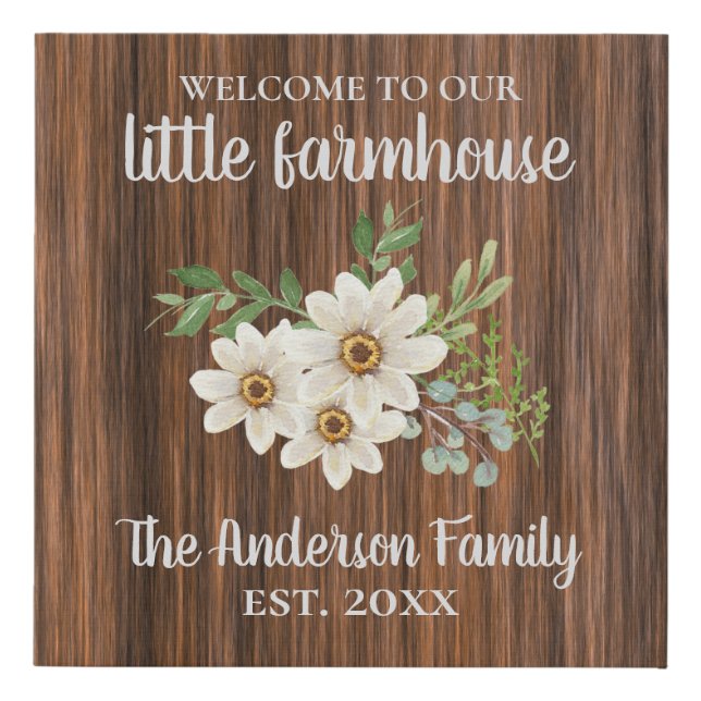 Wood Daisy Family Name Est. Farmhouse Welcome Faux Canvas Print (Front)