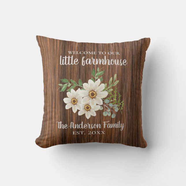 Wood Daisy Family Name Est.Wedding Farmhouse  Throw Pillow (Front)