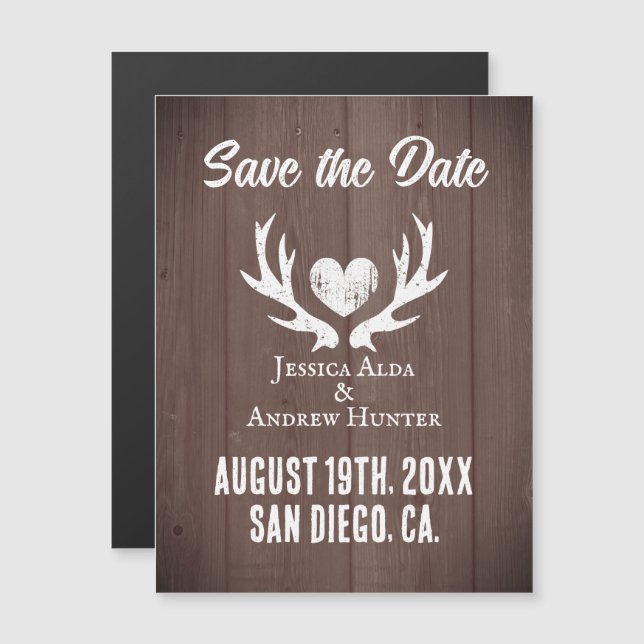 Wood deer antler heart magnetic save the date card (Front/Back)