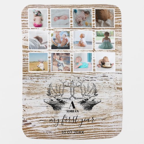Wood Deer Babys First Year Photo Collage Baby Blanket