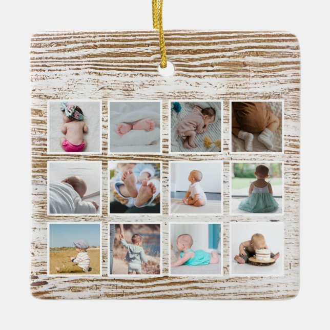 Wood Deer Baby's First Year Photo Collage Ceramic Ornament (Front)