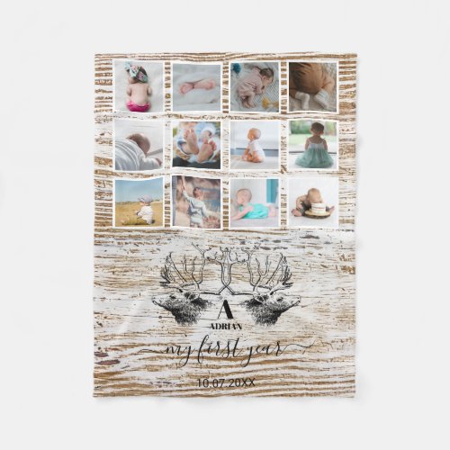 Wood Deer Babys First Year Photo Collage Fleece Blanket