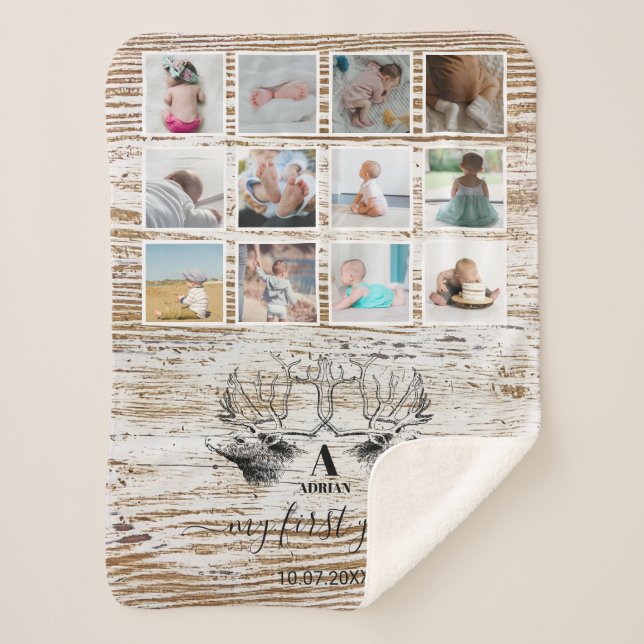 Wood Deer Baby's First Year Photo Collage Sherpa Blanket (Front)