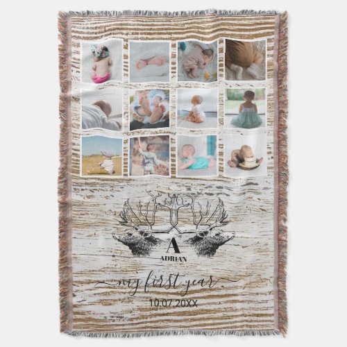 Wood Deer Babys First Year Photo Collage Throw Blanket