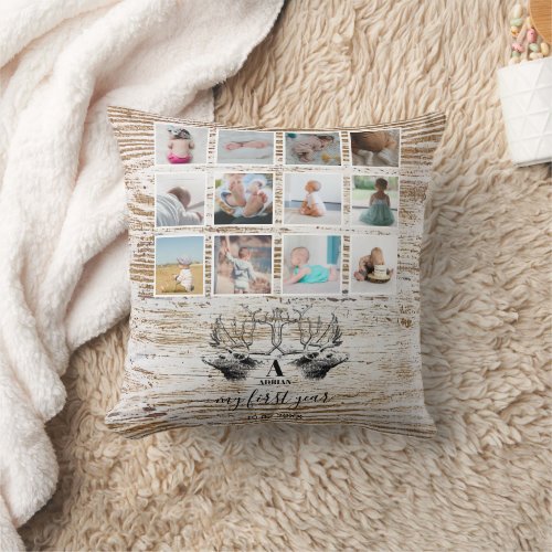 Wood Deer Babys First Year Photo Collage Throw Pillow