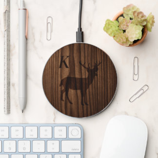 Wood Deer Silhouette Monogrammed Wireless Charger