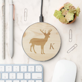 Wood Deer Silhouette Monogrammed Wireless Charger