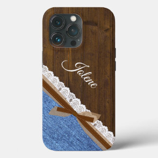 Wood Denim and Lace Western Themed iPhone 13 Pro Case