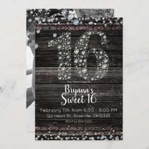 Wood Diamond Bling 16 Sixteen Birthday Party Photo Invitation