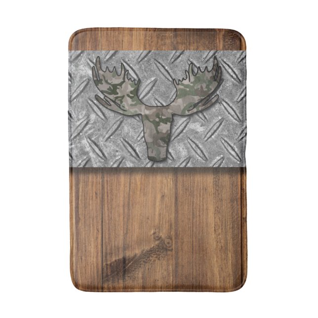 Wood Diamond Plate Camouflage Deer Head Bath Mat (Front Vertical)
