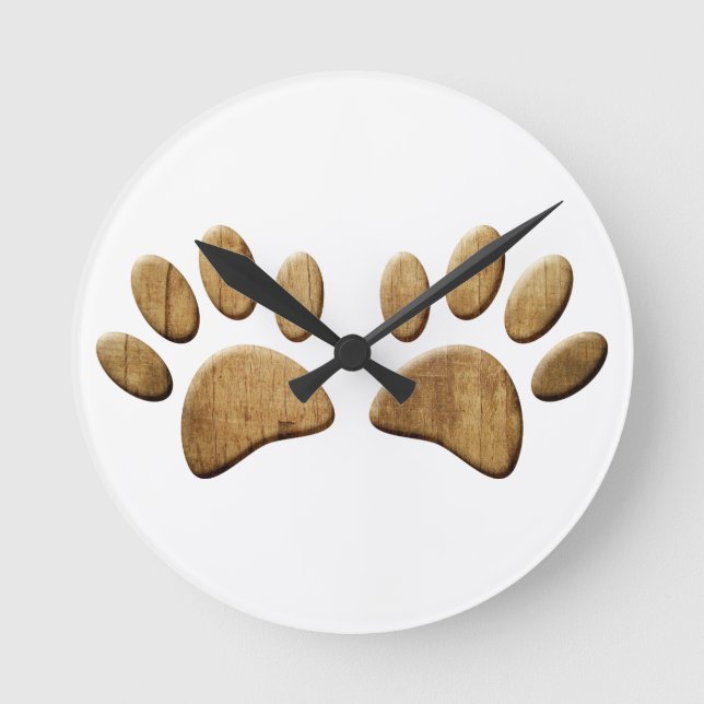Wood Dog Paw Print Round Clock (Front)