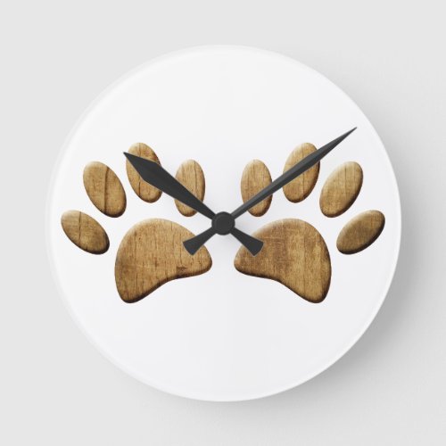 Wood Dog Paw Print Round Clock