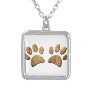 Wood Dog Paw Print Silver Plated Necklace