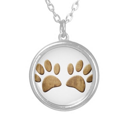 Wood Dog Paw Print Silver Plated Necklace