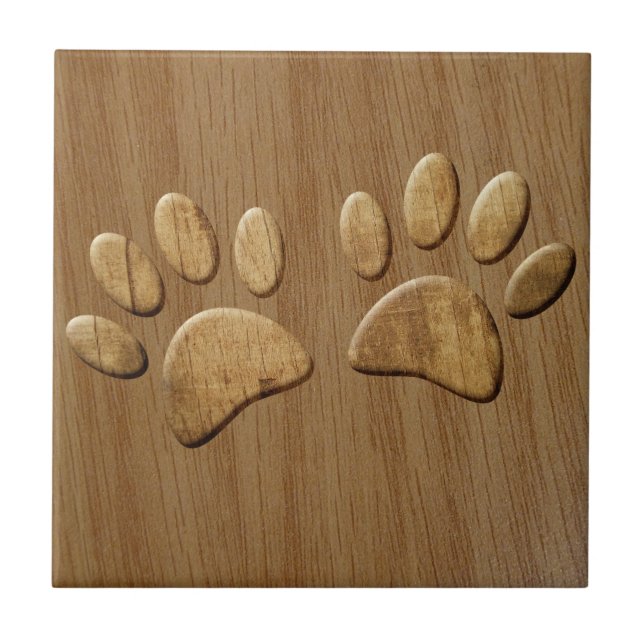 Wood Dog Paw Prints Ceramic Tile (Front)