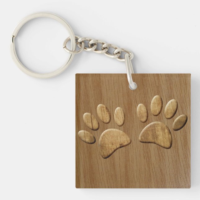 Wood Dog Paw Prints Keychain (Front)