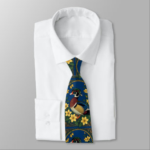 Wood Duck and Jasmine Flowers Neck Tie