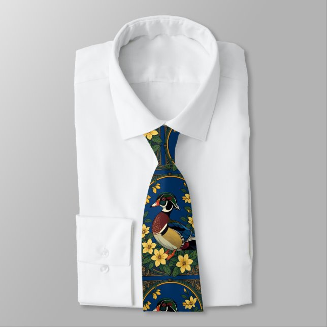 Wood Duck and Jasmine Flowers Neck Tie (Tied)