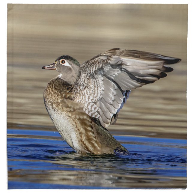 Wood Duck flapping her wings Cloth Napkin (Front)