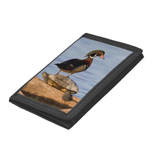Wood Duck male standing on Red_eared Slider Tri_fold Wallet