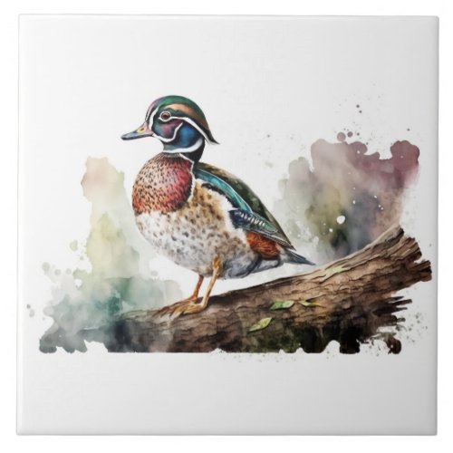 Wood Duck On a Solid White Background On A Log Ceramic Tile