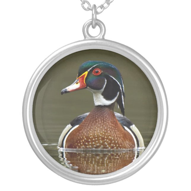 Wood Duck on Water Silver Plated Necklace (Front)