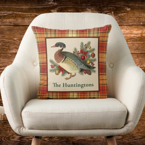 Wood Duck with Festive Holiday Greenery and Plaid Throw Pillow