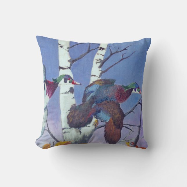 Wood Ducks Flight in Sky Throw Pillow (Front)
